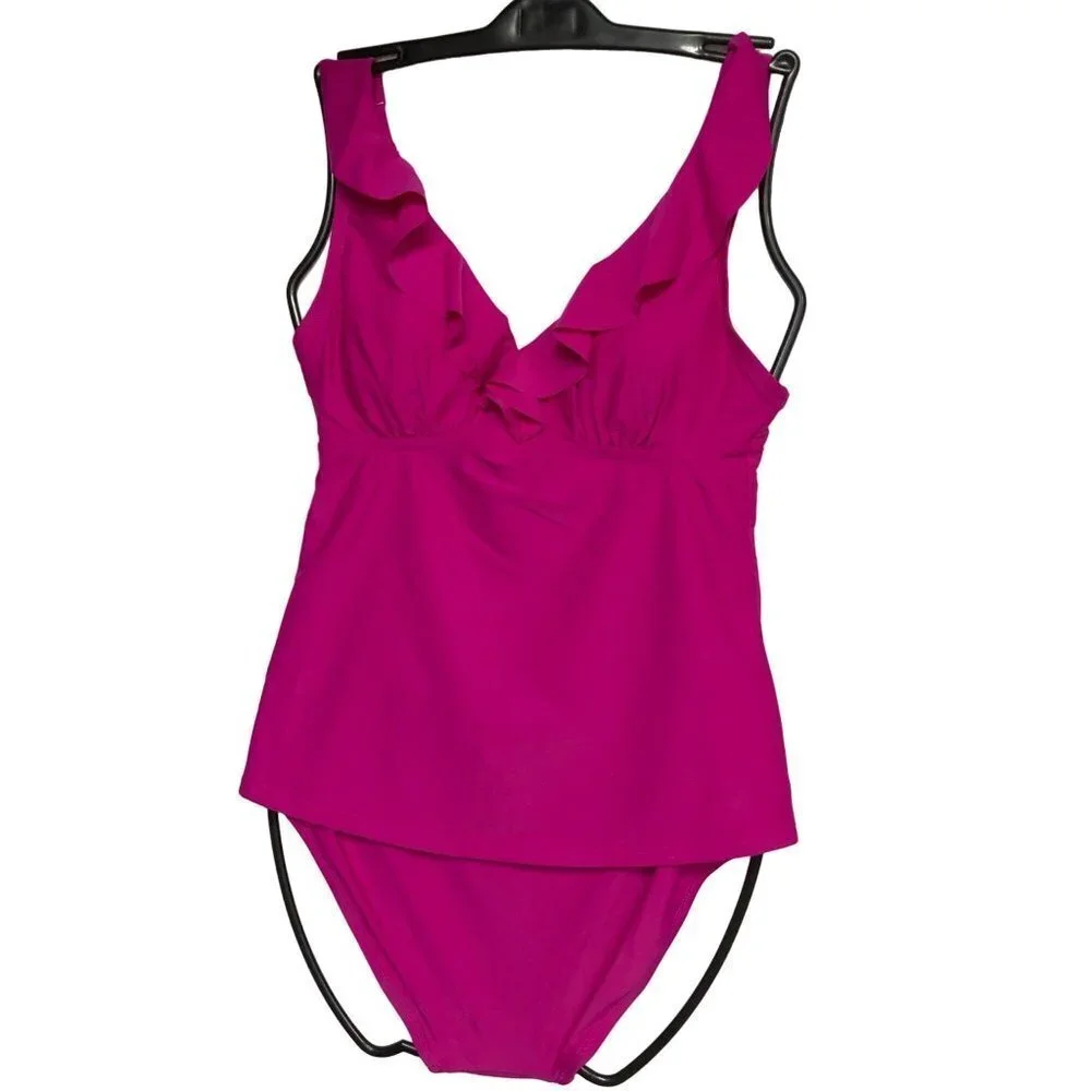 DKNY V NECK $118 Ruffle Women’s Two -Piece Swimsuit Pink SM NEW WITH TAG - Picture 8 of 10